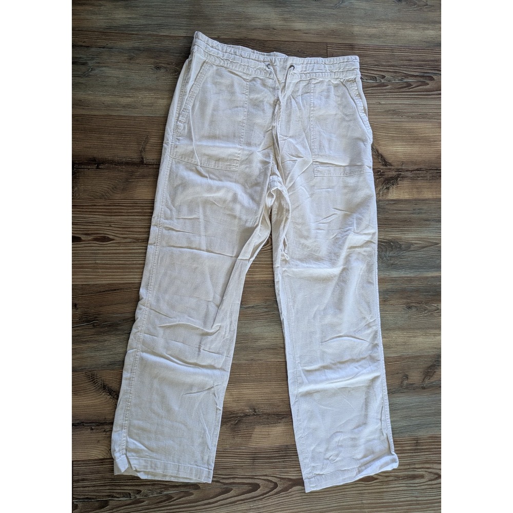 Nicole Miller Ivory Linen Boot Cut Relaxed Elastic Drawstring Waist Pants Large
